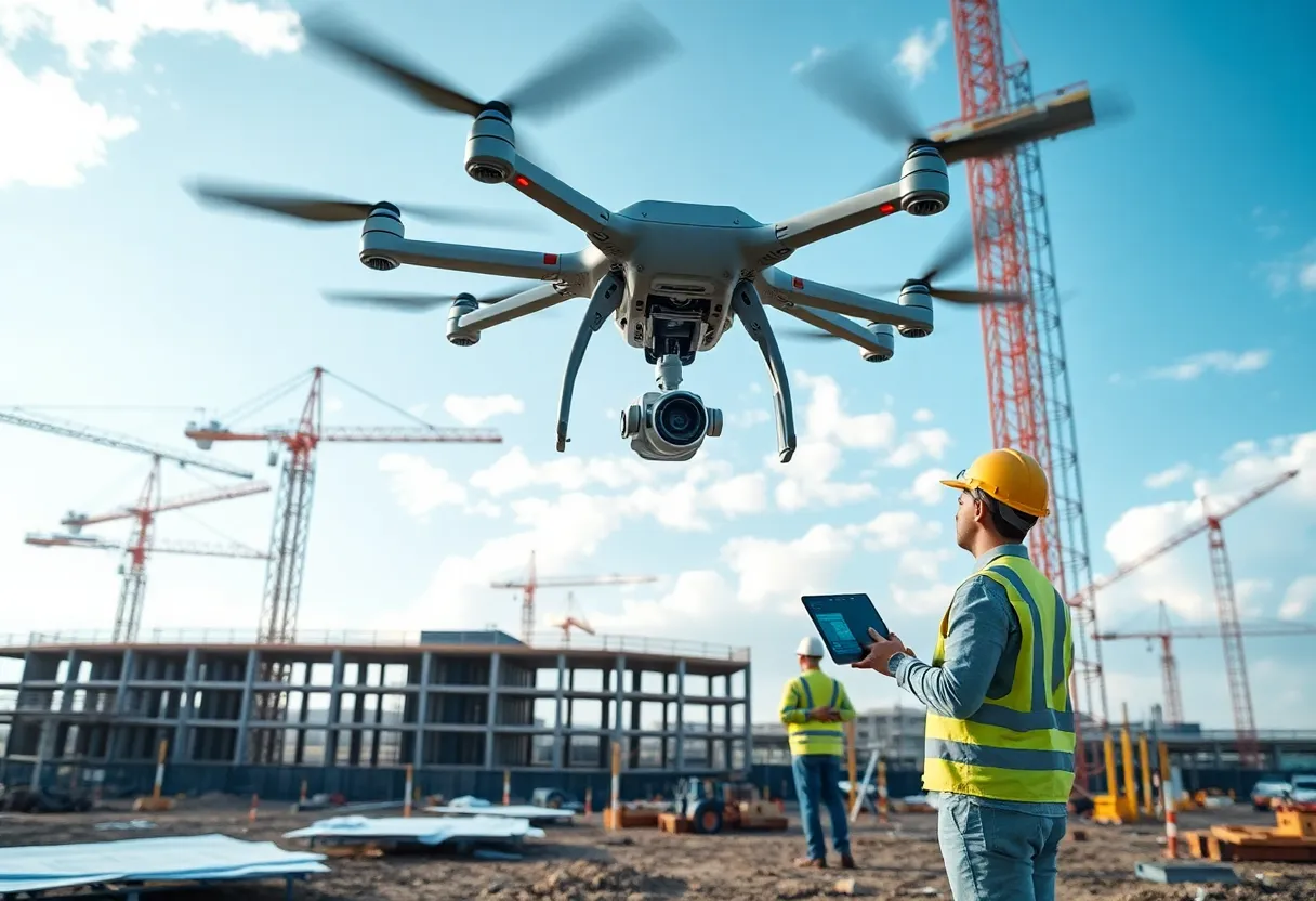 Construction site with advanced AI technology interacting with Building Information Modeling tools