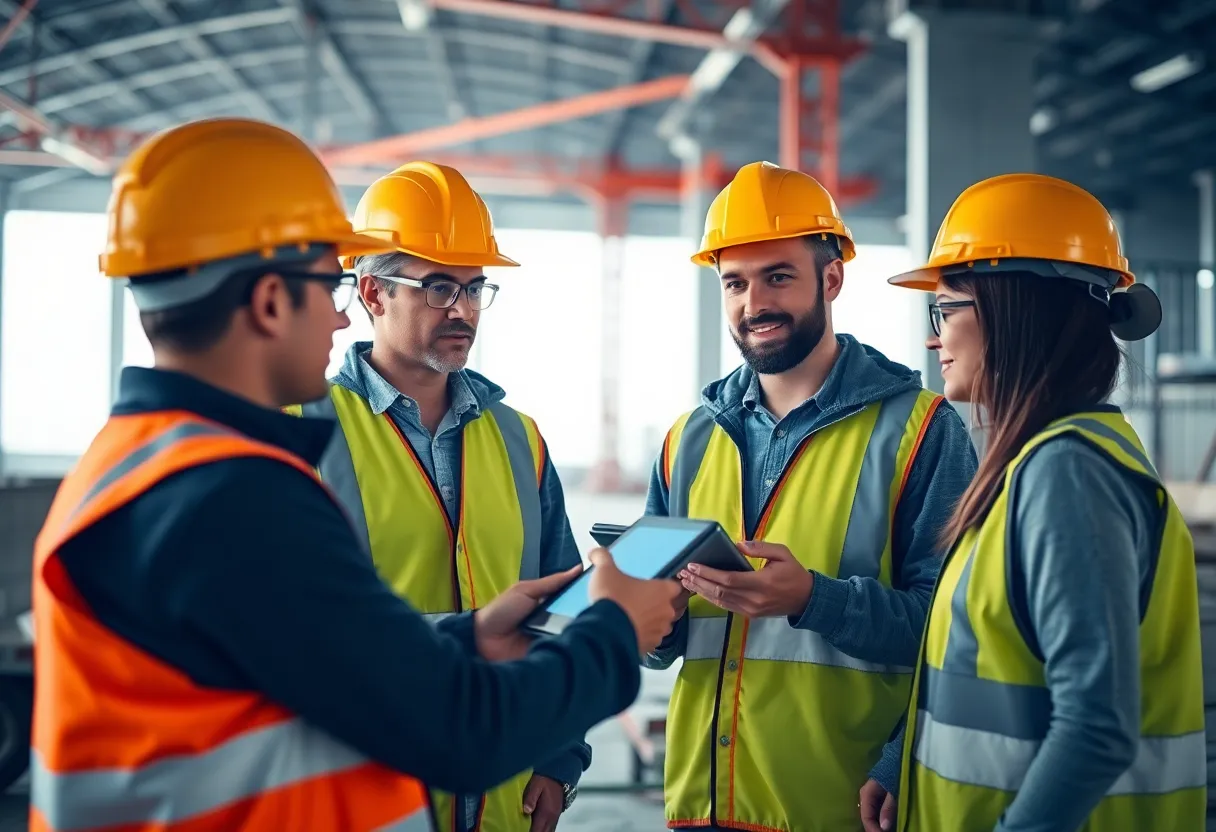 Construction site with teams utilizing AI technology for project management