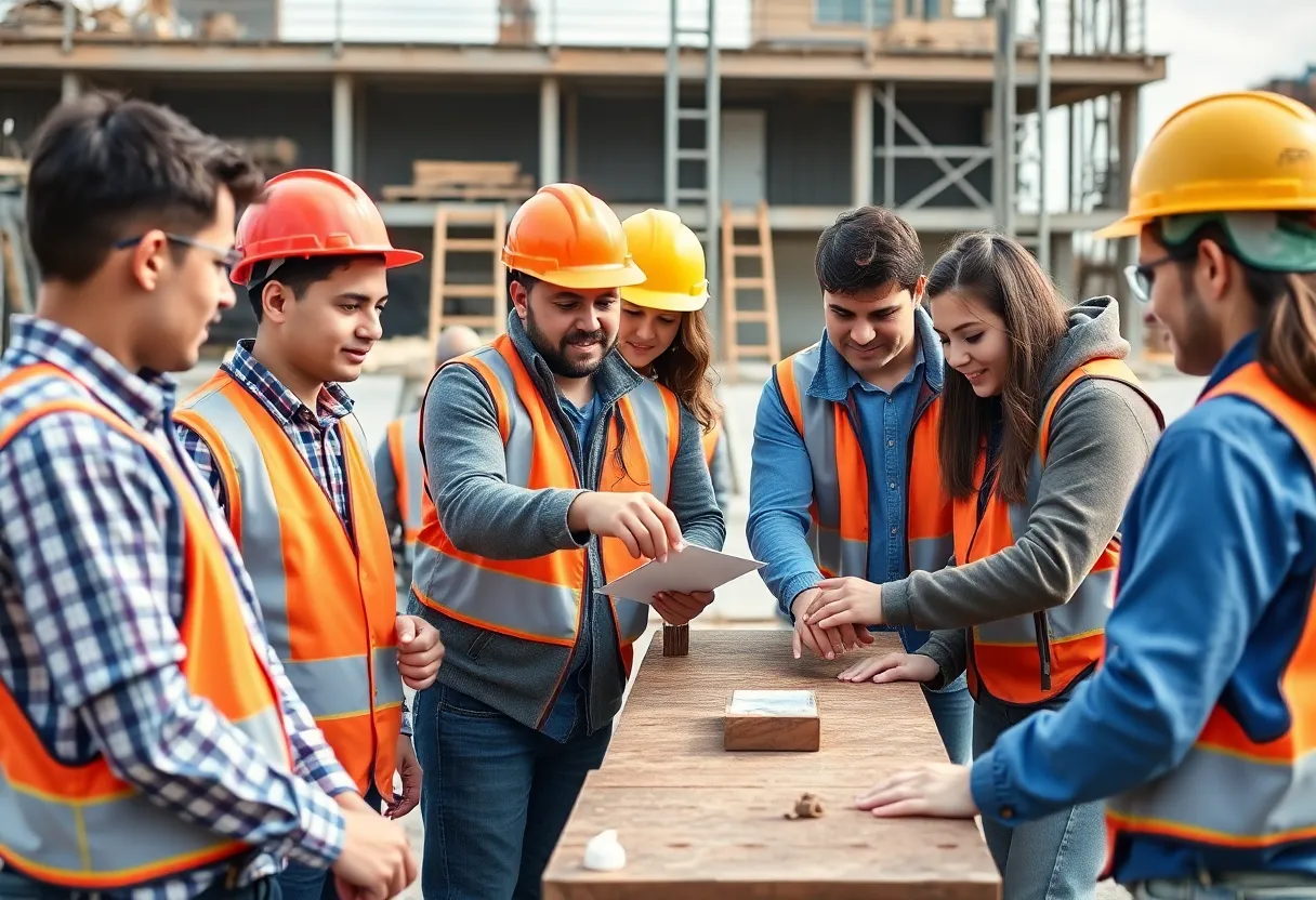 Students collaborating on a construction project