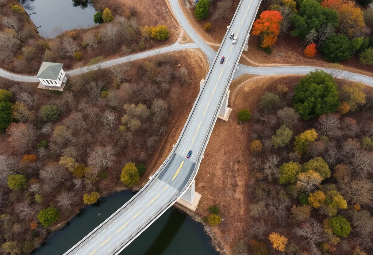 An overhead view of a bridge in Athens-Clarke County, showing infrastructure and natural surroundings.
