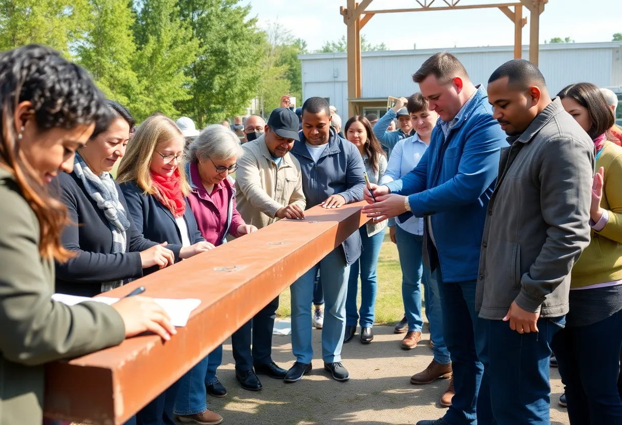 Participants signing a beam at West Georgia Technical College