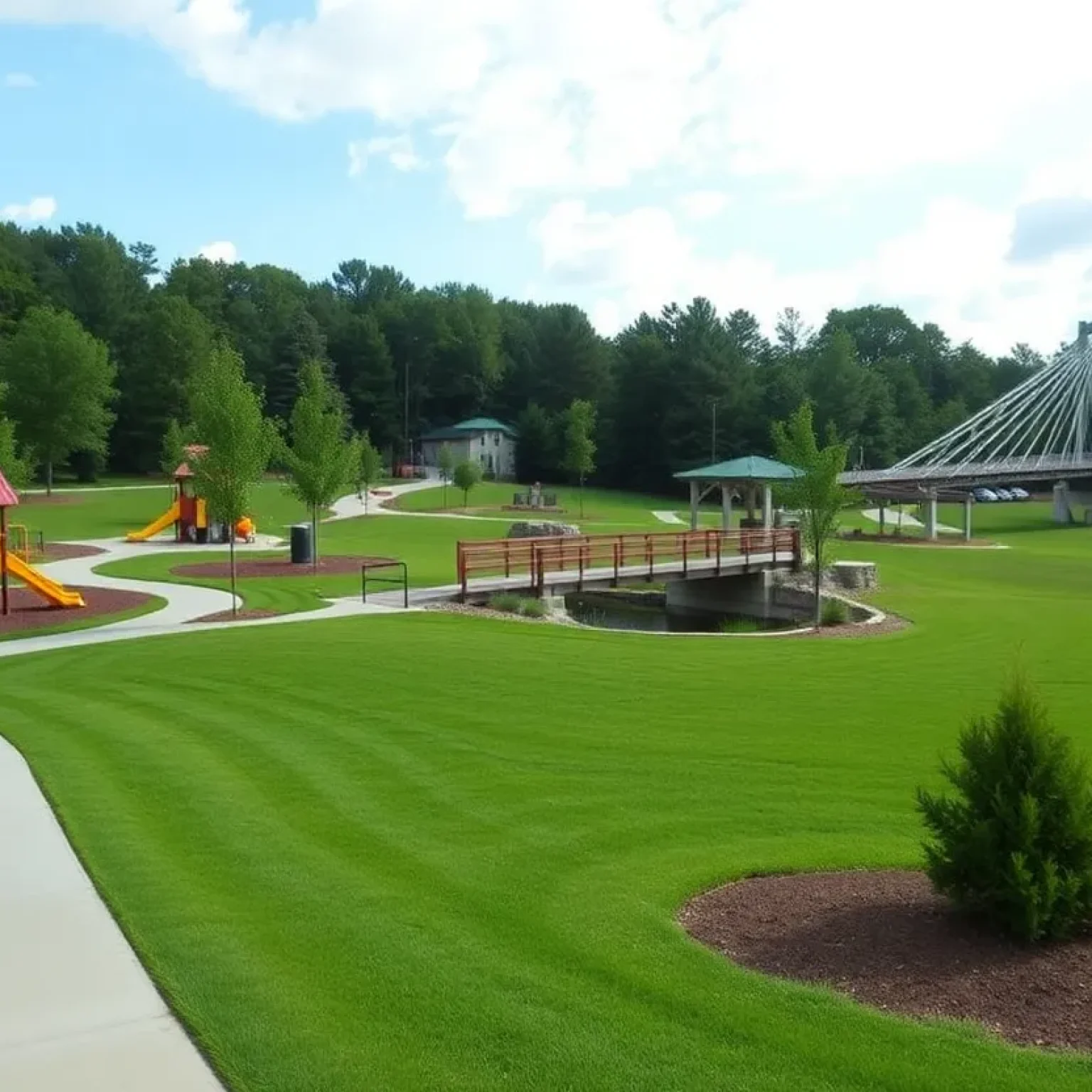 New community park in Canton, Georgia with pedestrian bridge