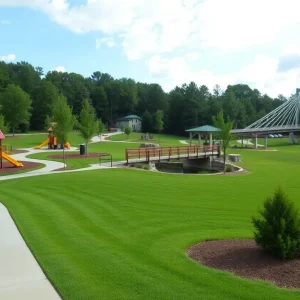 New community park in Canton, Georgia with pedestrian bridge