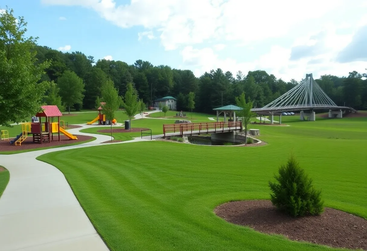 New community park in Canton, Georgia with pedestrian bridge