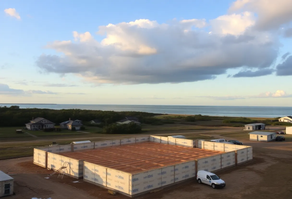 Coastal Georgia site with construction workers and local residents