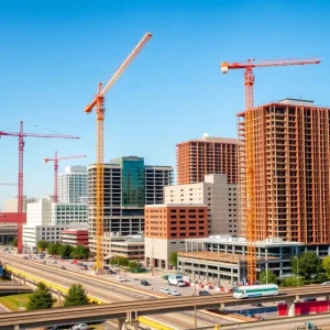 Construction projects in Columbus, Georgia featuring cranes and new developments.