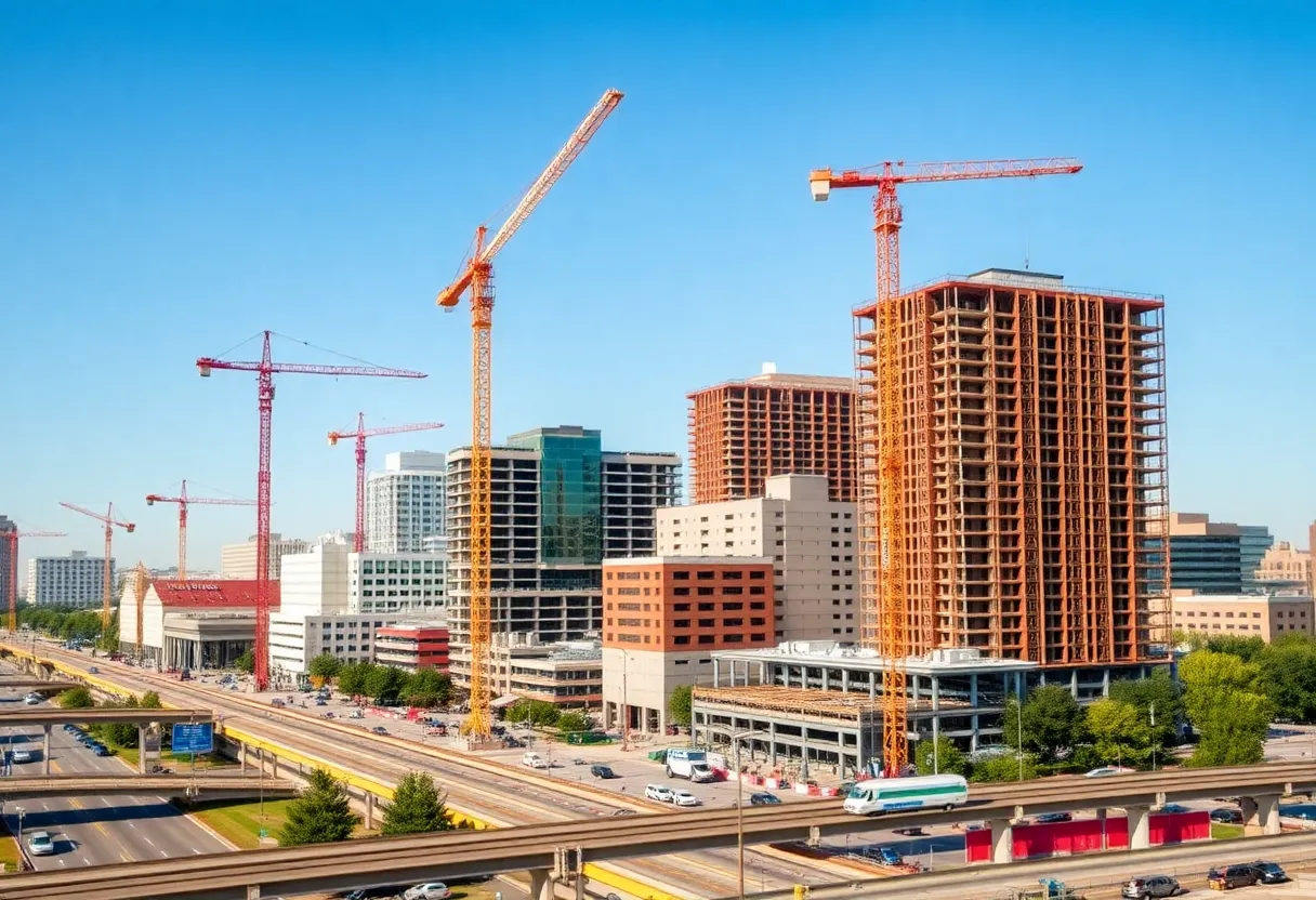 Construction projects in Columbus, Georgia featuring cranes and new developments.
