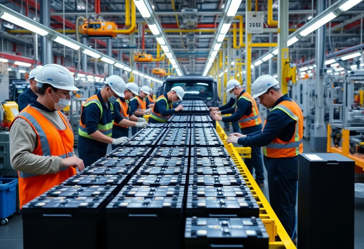 Workers assembling electric vehicle batteries in a factory.