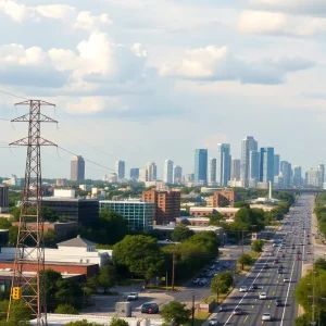 A bustling cityscape in Georgia highlighting power lines and data centers