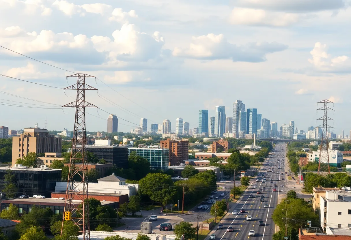A bustling cityscape in Georgia highlighting power lines and data centers