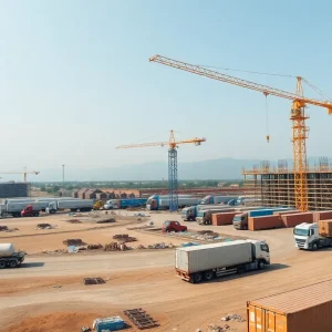 Construction site in Georgia with cranes and transportation vehicles
