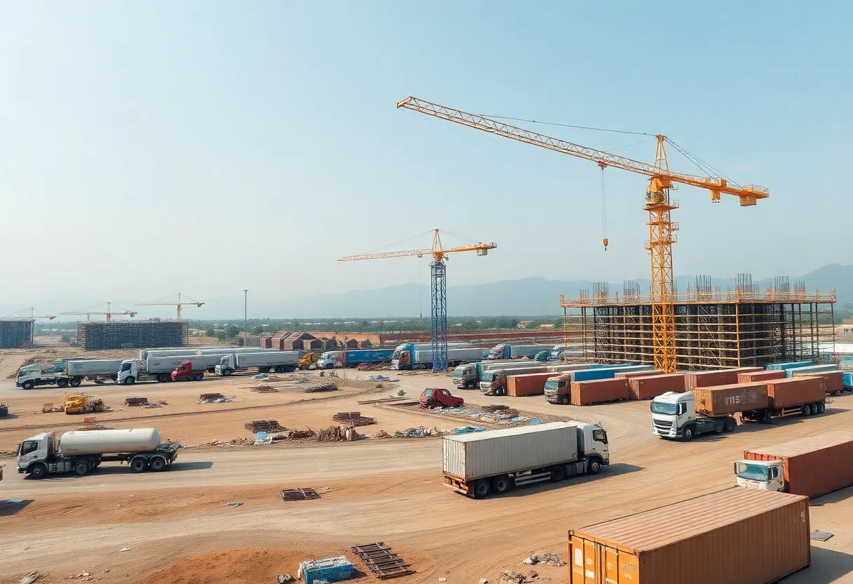 Construction site in Georgia with cranes and transportation vehicles