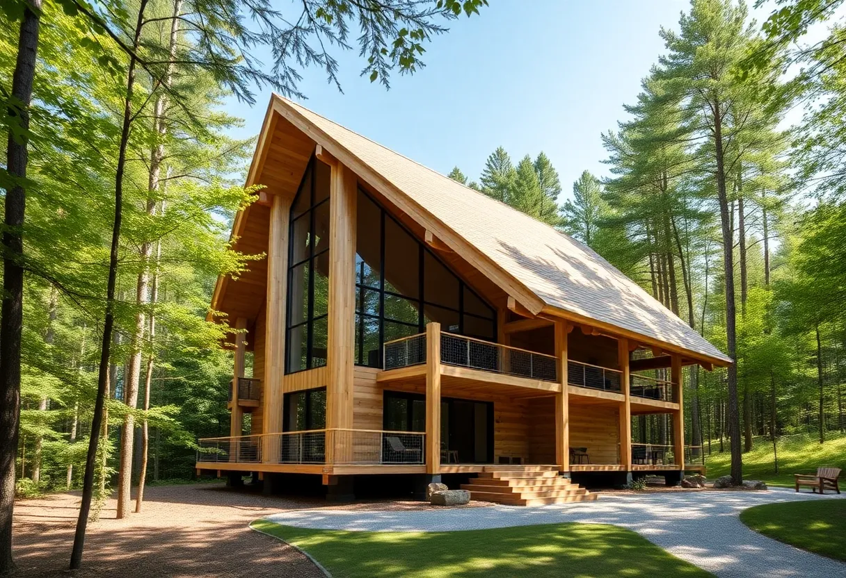 Modern mass-timber building in Georgia's forest landscape