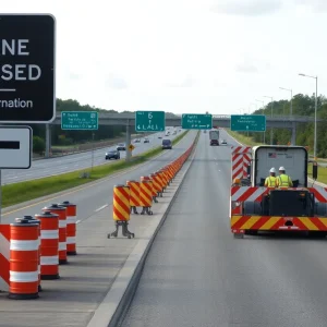 Construction workers and road signs on a highway in Southeast Georgia.
