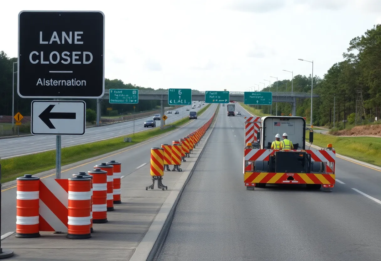 Construction workers and road signs on a highway in Southeast Georgia.