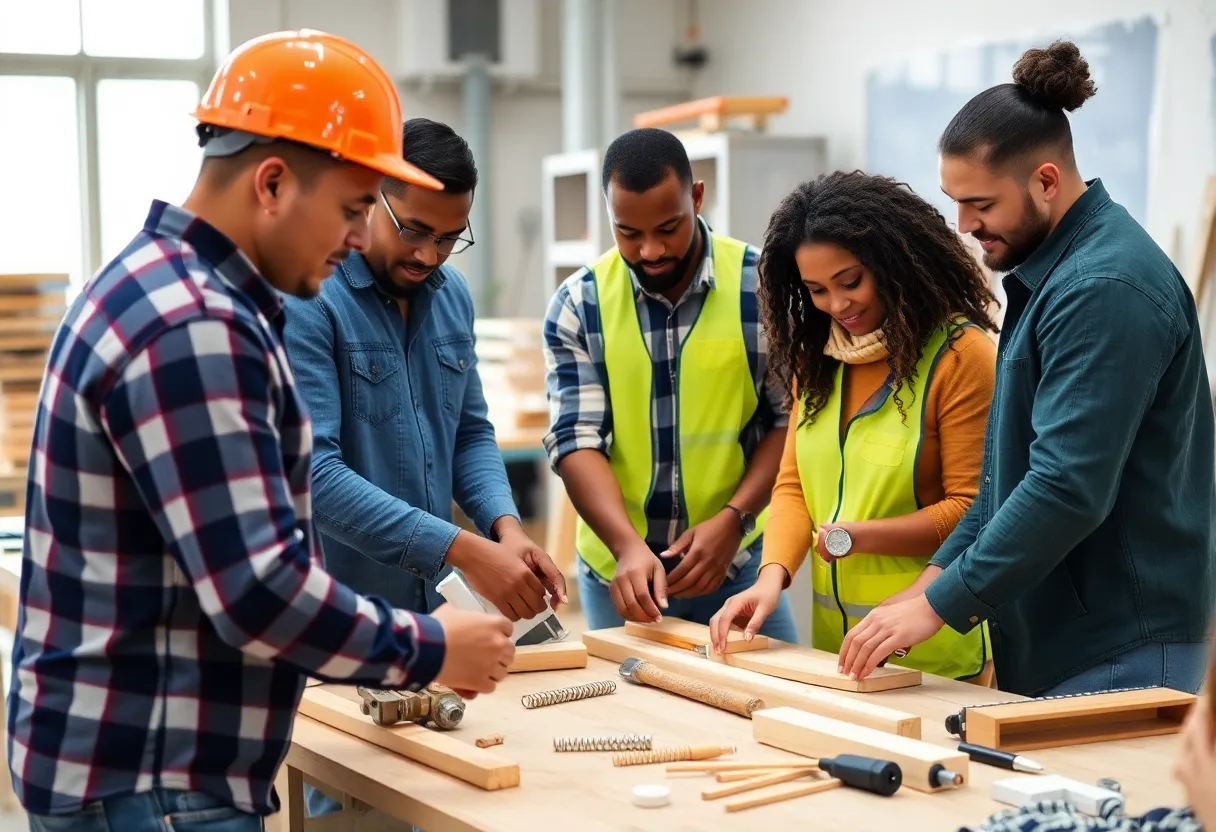 Participants in construction training program working together.
