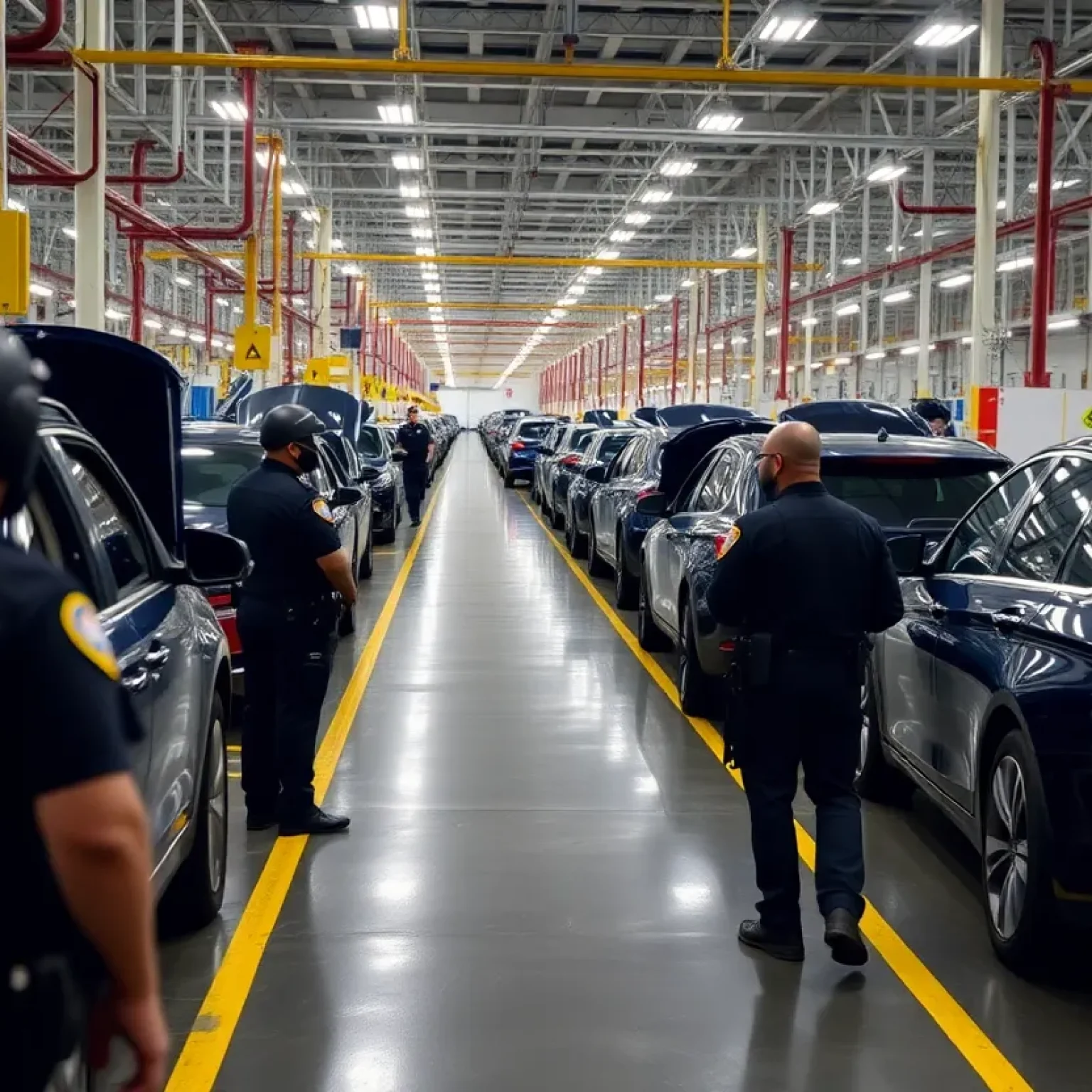 Police and security personnel at Hyundai plant during immigration raid