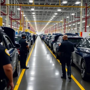 Police and security personnel at Hyundai plant during immigration raid