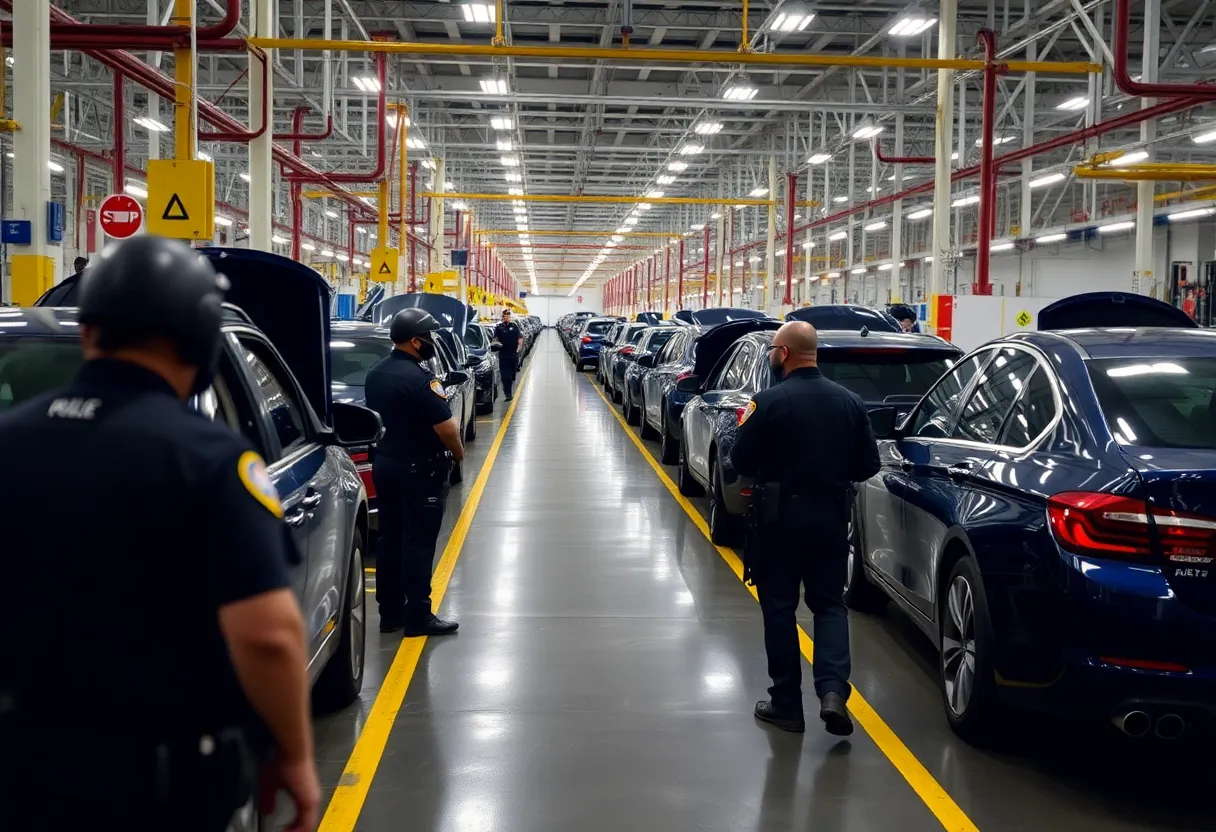 Police and security personnel at Hyundai plant during immigration raid