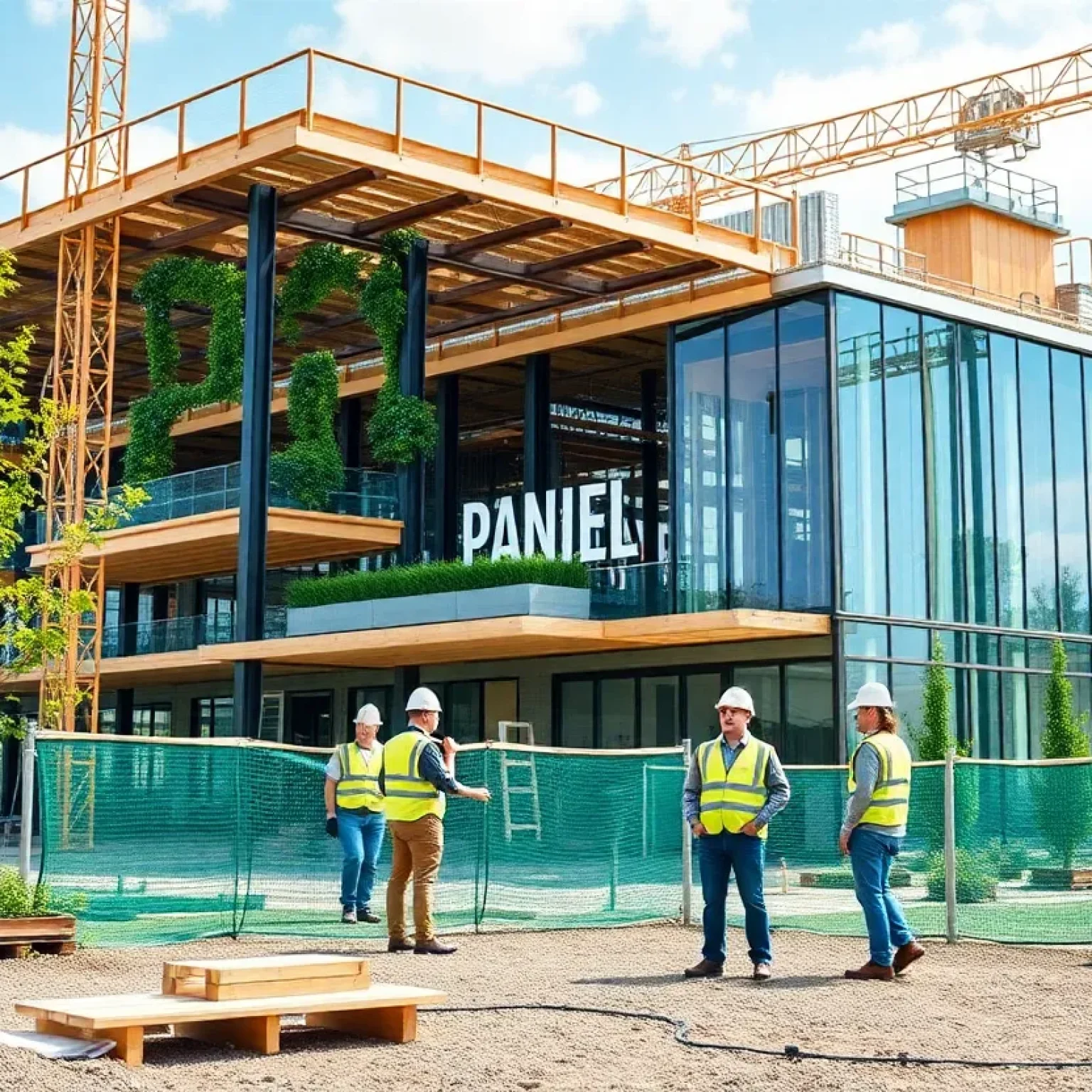 Construction workers collaborating on a sustainable building project