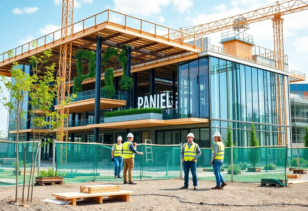 Construction workers collaborating on a sustainable building project