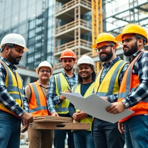 Diverse team working on a commercial construction project