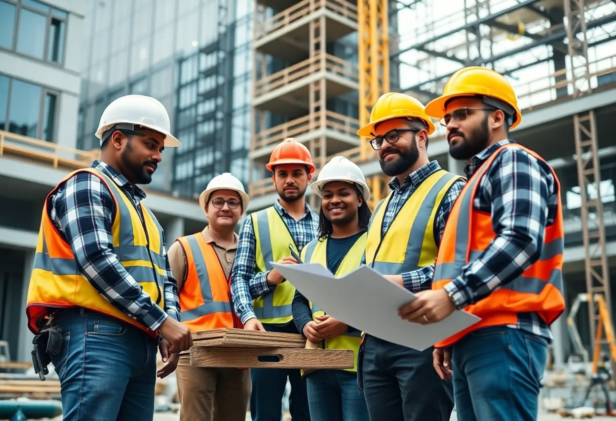 Diverse team working on a commercial construction project