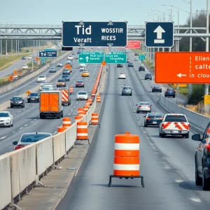 Construction work on Interstate I-16 at I-95 with road closure signs.