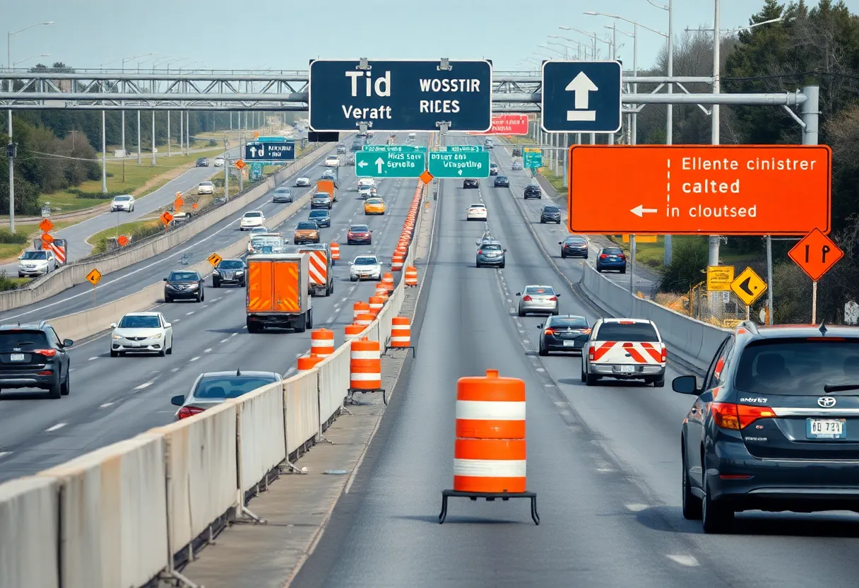 Construction work on Interstate I-16 at I-95 with road closure signs.