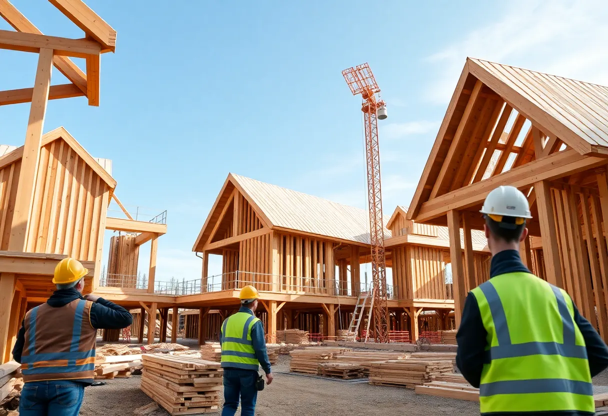 Construction site featuring mass timber structures