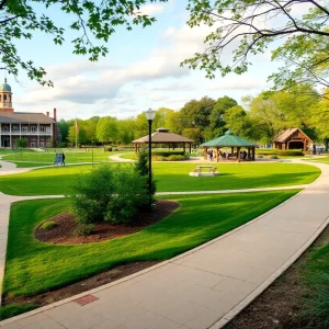 View of upgraded park with paths and pavilions