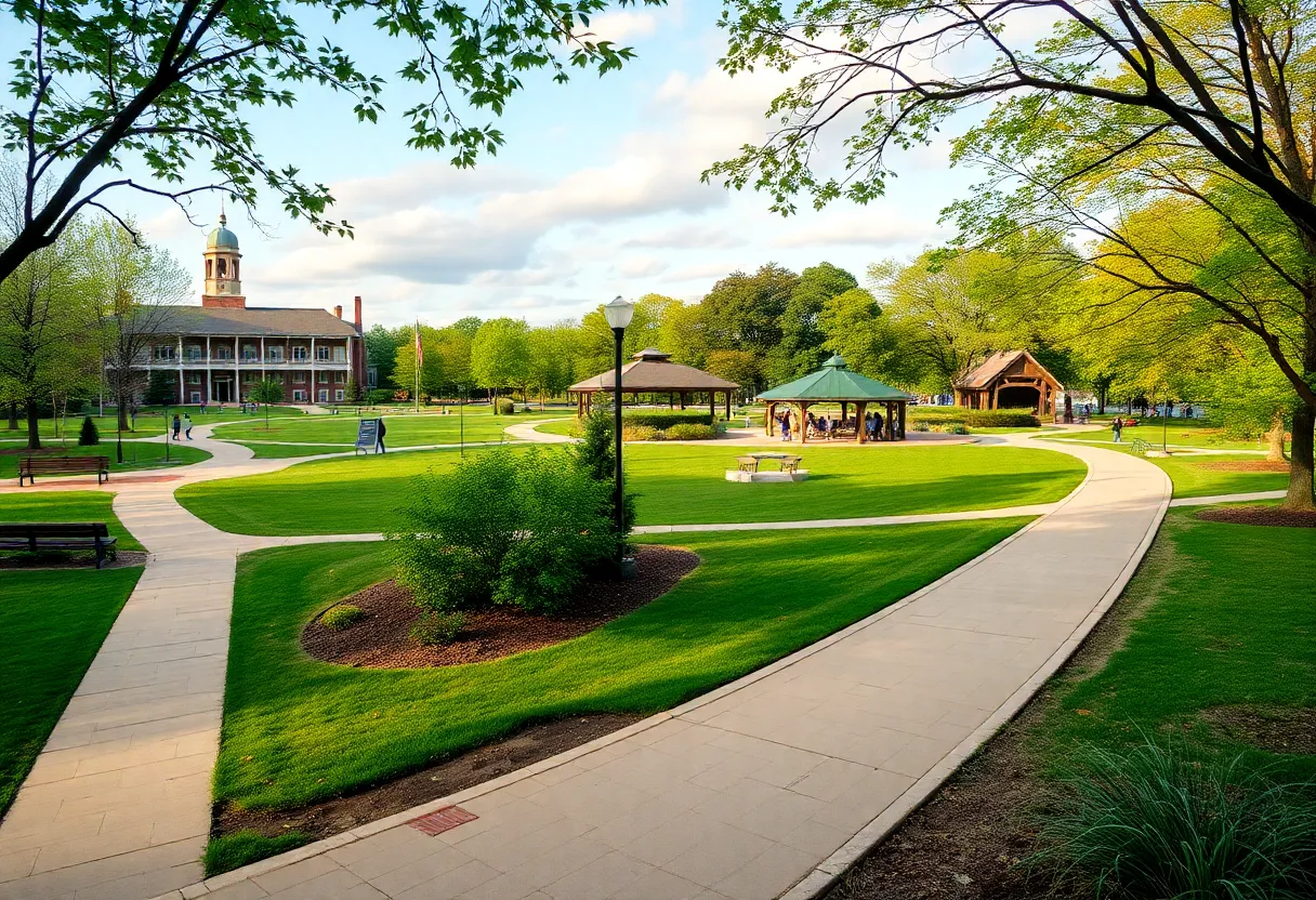 View of upgraded park with paths and pavilions