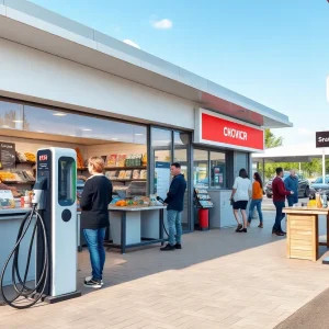 A Parker's convenience store featuring EV charging stations and dining options.