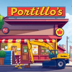 Exterior view of Portillo's restaurant in Georgia under construction.