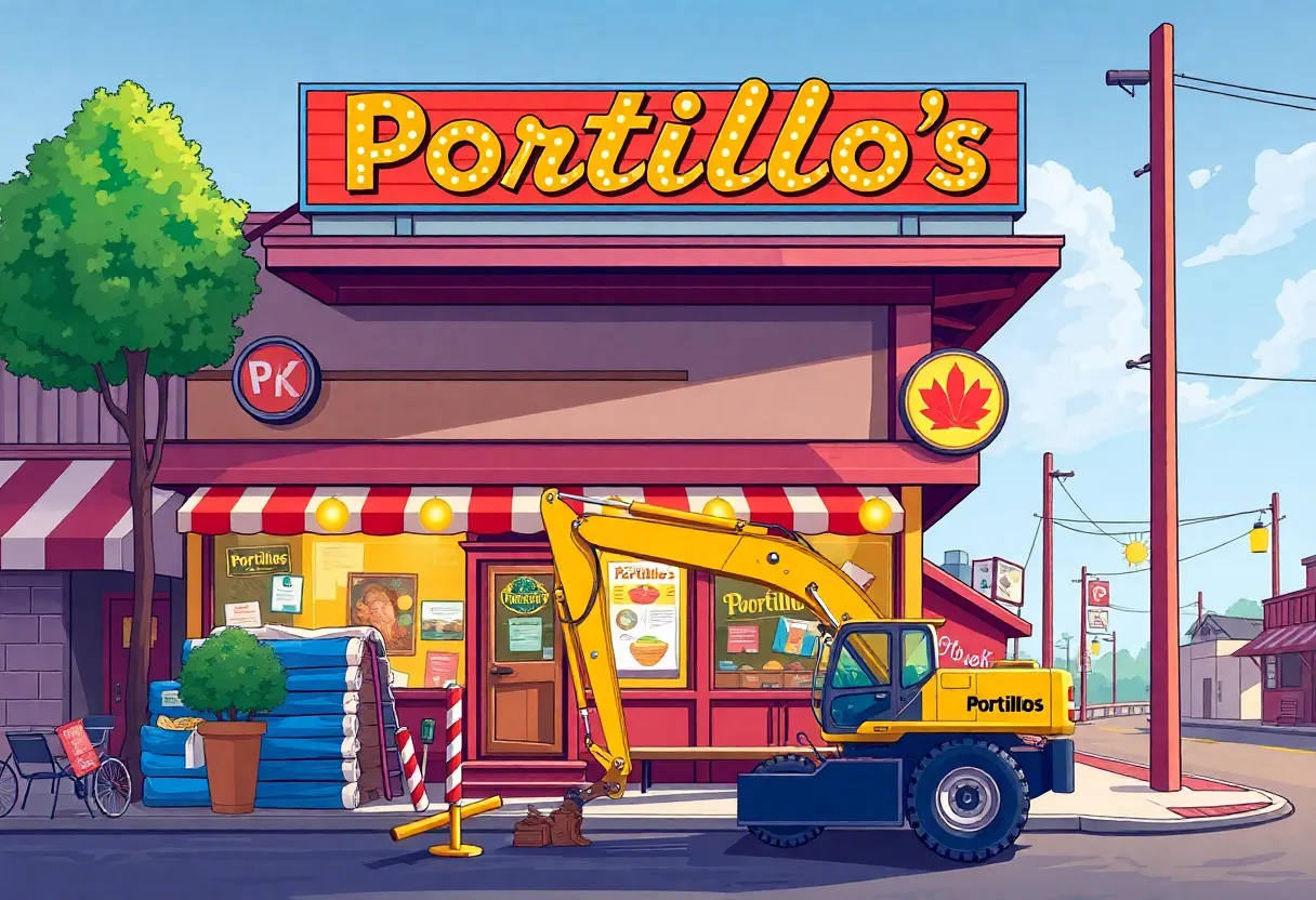 Exterior view of Portillo's restaurant in Georgia under construction.