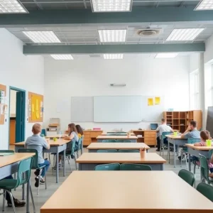 A well-maintained classroom with students focused on their lessons.