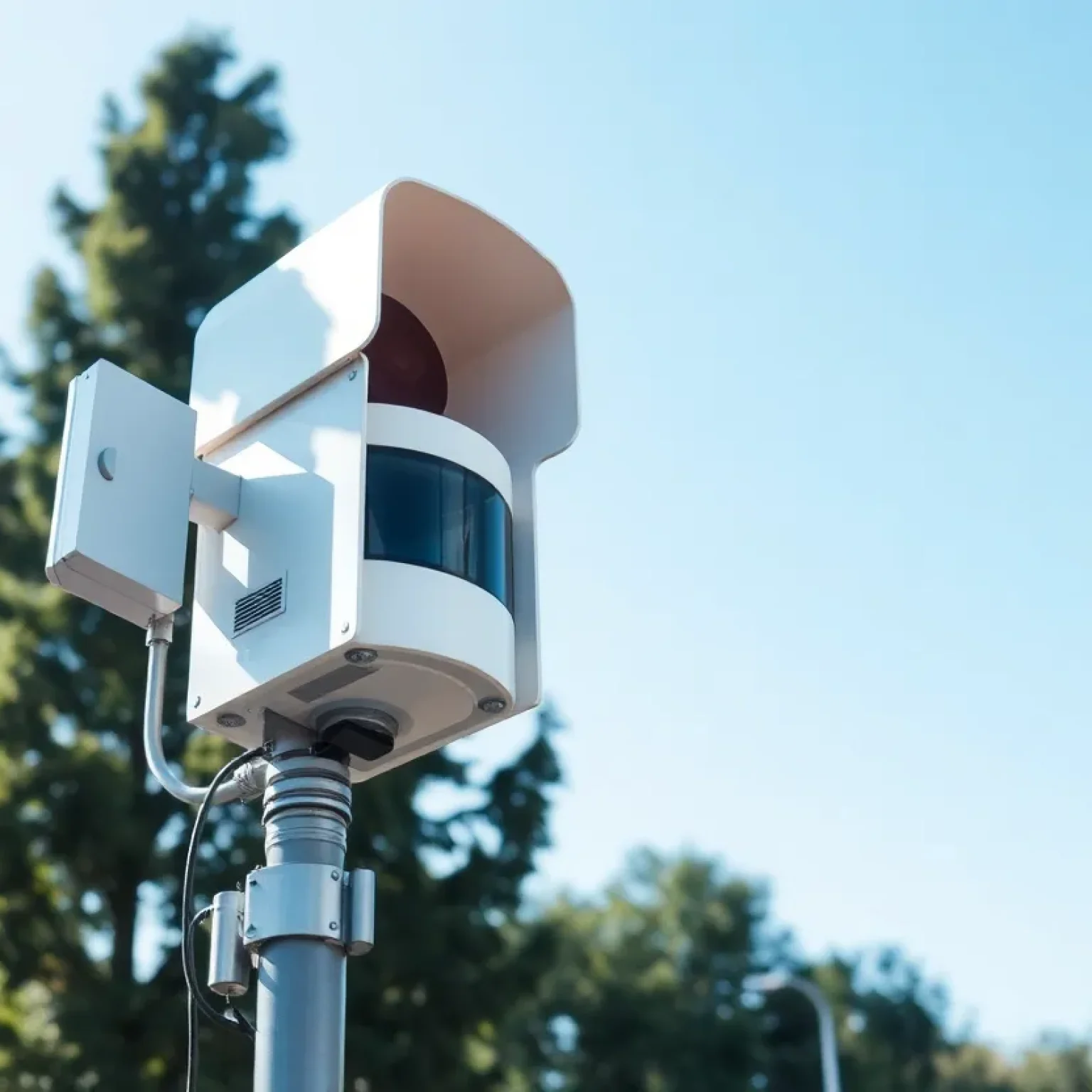Modern weather siren installed in a public area in Rockdale County