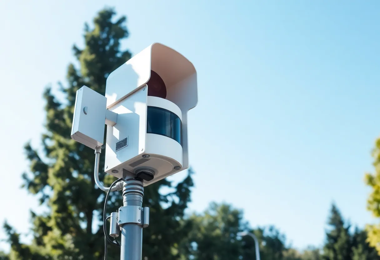 Modern weather siren installed in a public area in Rockdale County