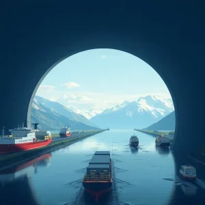 Illustration of a tunnel connecting Russia and Alaska with trade activity