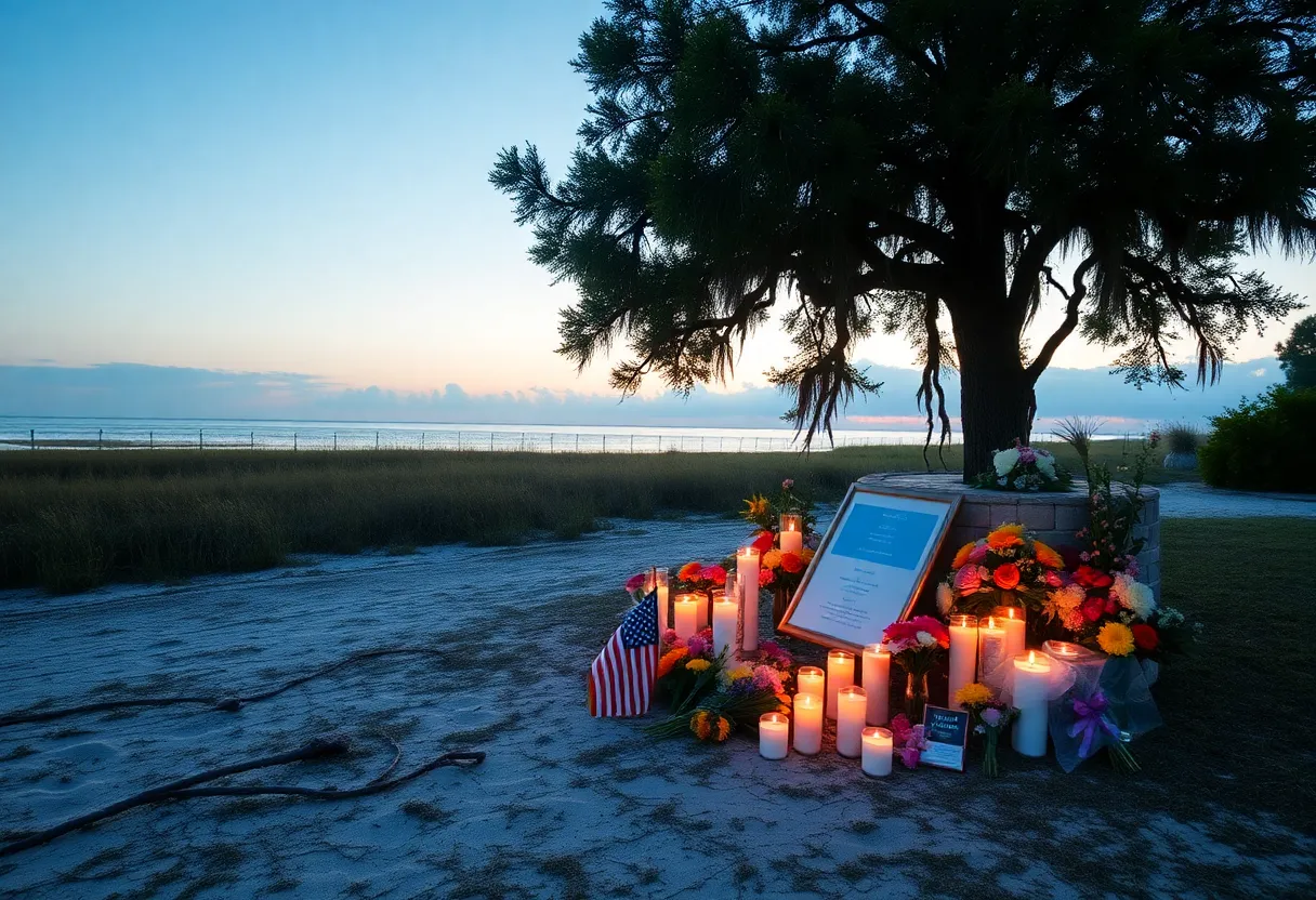 Memorial setup on Sapelo Island for the victims of the gangway collapse.