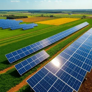 A solar farm showcasing sustainable agricultural integration and healthy soil.