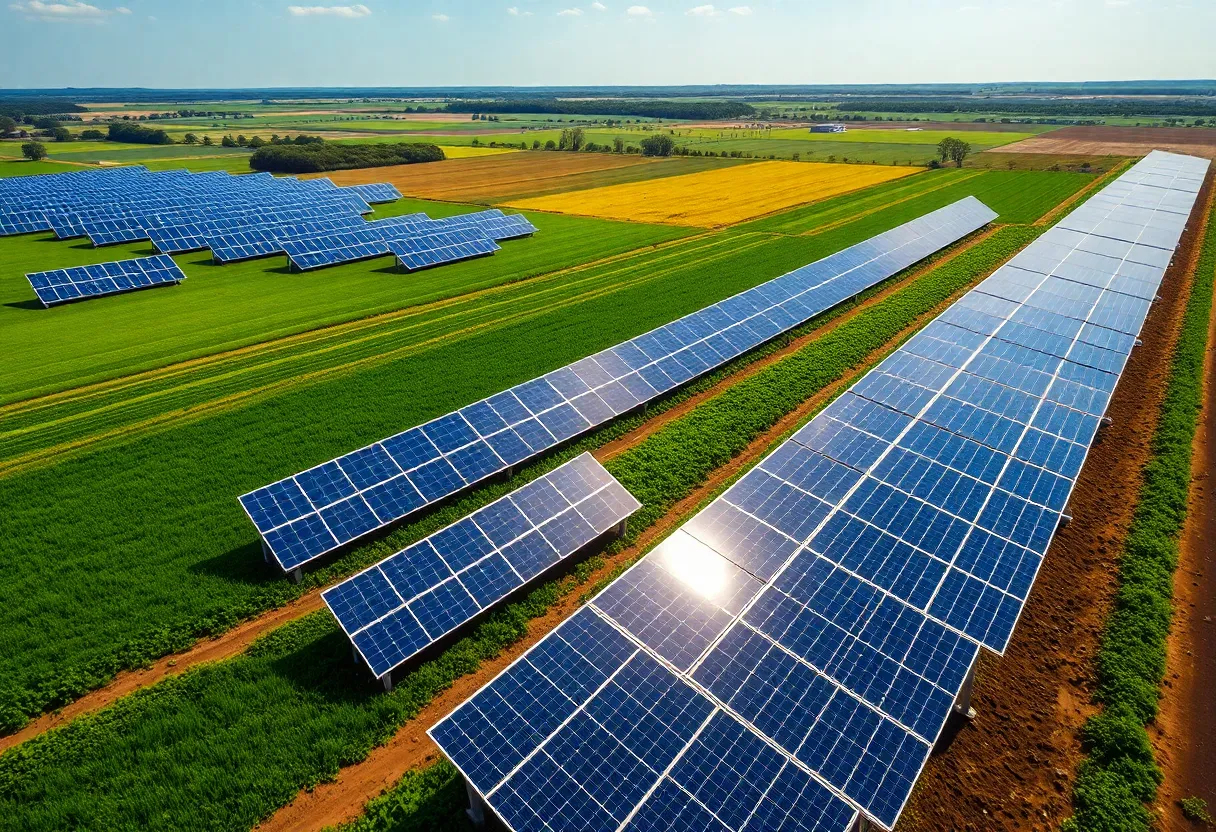 A solar farm showcasing sustainable agricultural integration and healthy soil.