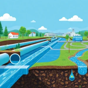 Illustration of stormwater management systems with pipes and landscapes