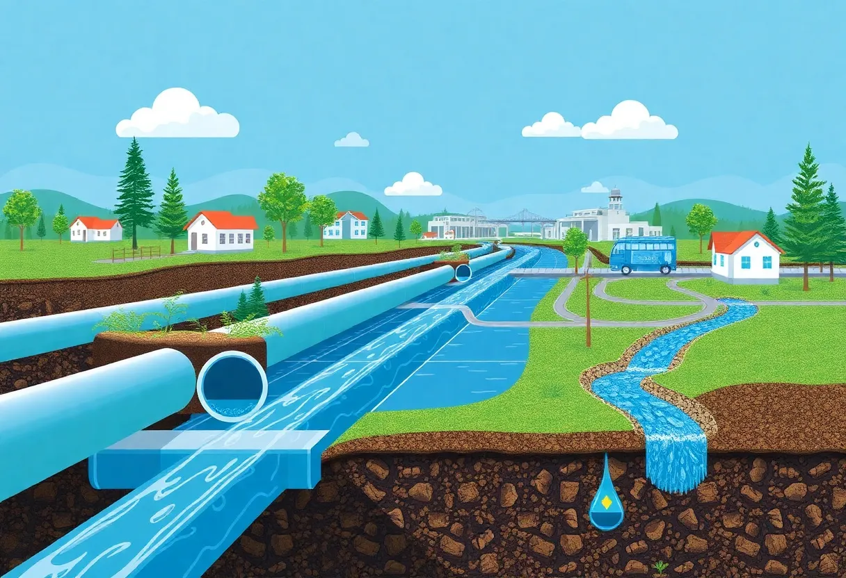 Illustration of stormwater management systems with pipes and landscapes
