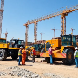 Image of a construction site in Uzbekistan with workers and machinery.