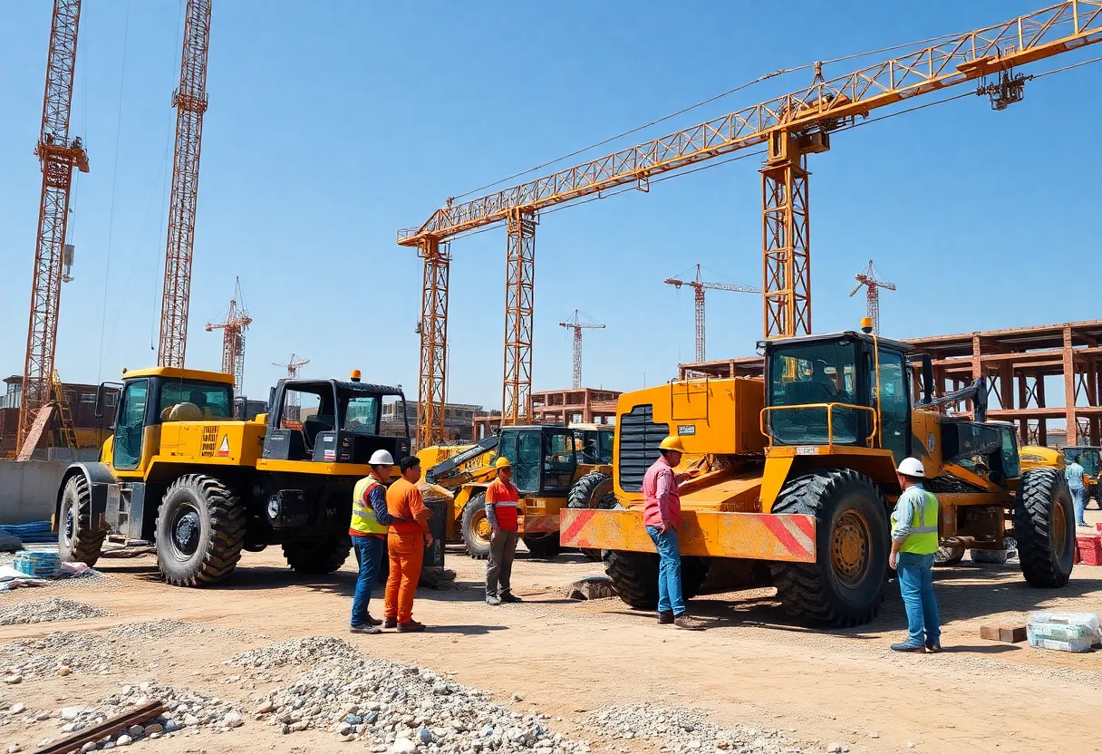 Image of a construction site in Uzbekistan with workers and machinery.