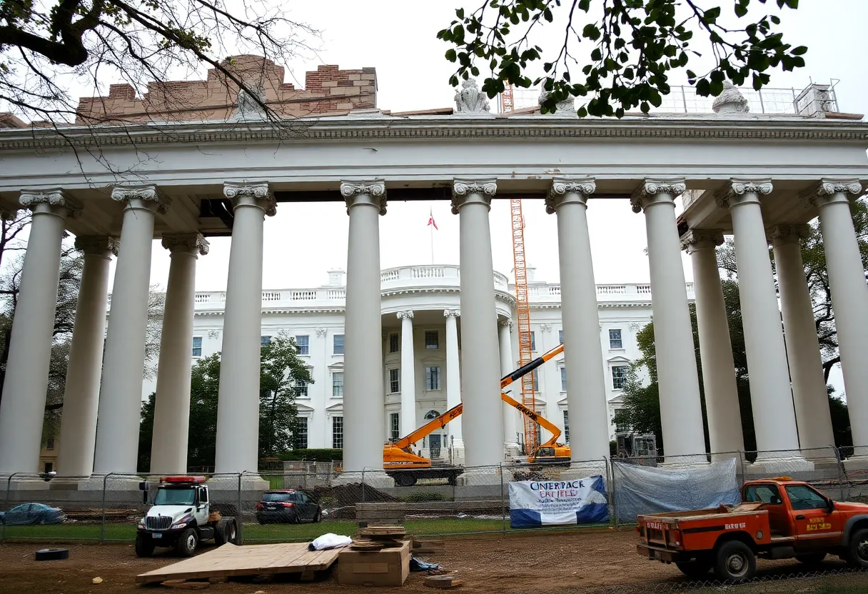 Demolition of the East Wing of the White House, highlighting the historic colonnade and construction equipment.